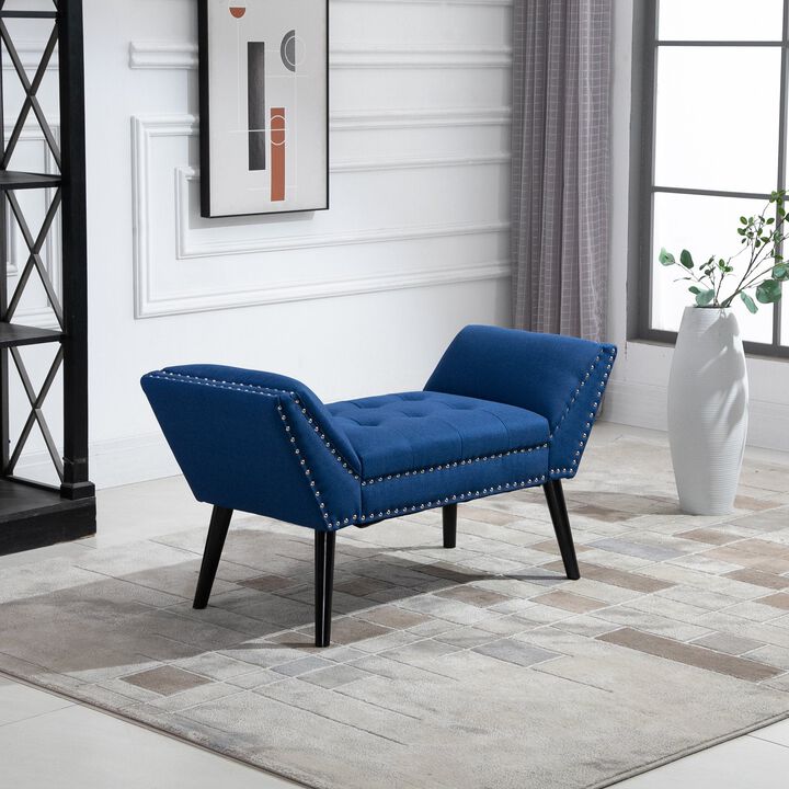Modern Button Tufted Sitting Bench/Accent Fabric Upholstered Ottoman for Bedroom or Living Room  Blue