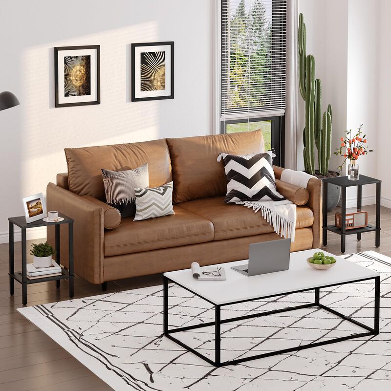 HOOBRO End Tables Set of 2, Side Table with 2-Tier Storage Shelves, Tall Nightstand with Faux Rattan Decoration, Sofa Table for