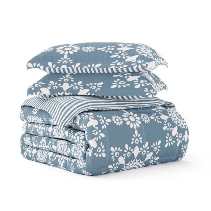 Hivvago King size 3 Piece Blue and White Reversible Floral Striped Comforter Set