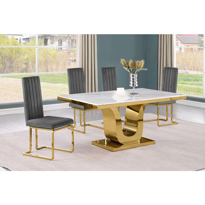 5pc Small(66") marble top dining set with gold base and 4 Dark grey side chairs