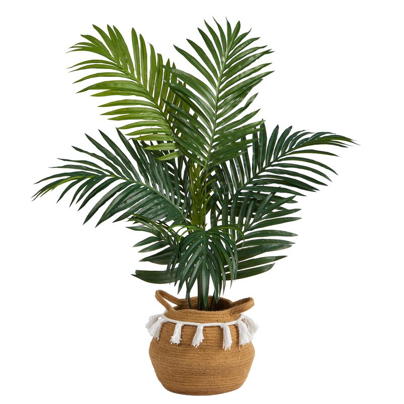 Hivvago 4 Feet Kentia Palm Artificial Tree in Boho Chic Handmade Natural Cotton Woven Planter with Tassels