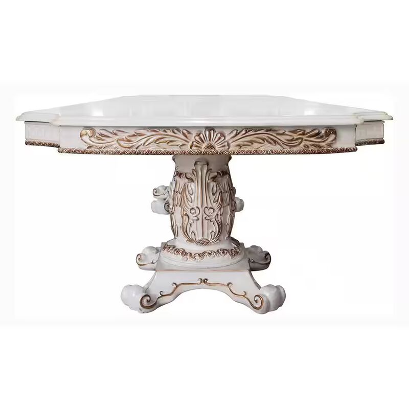 Antoine Dining Table, Double Pedestal, 84-120 Inch Antique Pearl White - Benzara