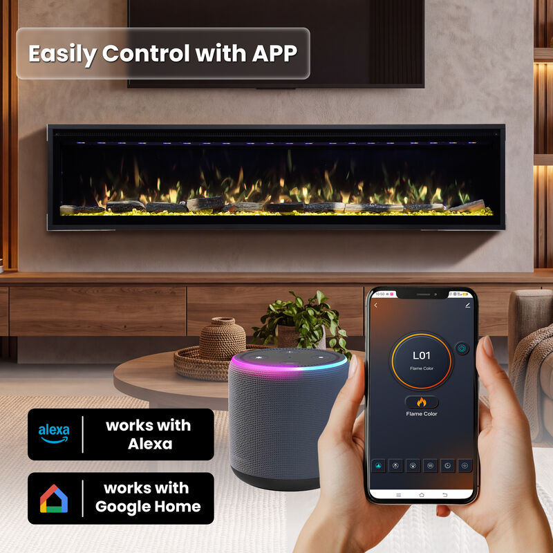 Mondawe 72" Smart Electric Fireplace with 13 Flame Colors, WiFi & Voice Control, LED Ember Bed & Remote image number 4