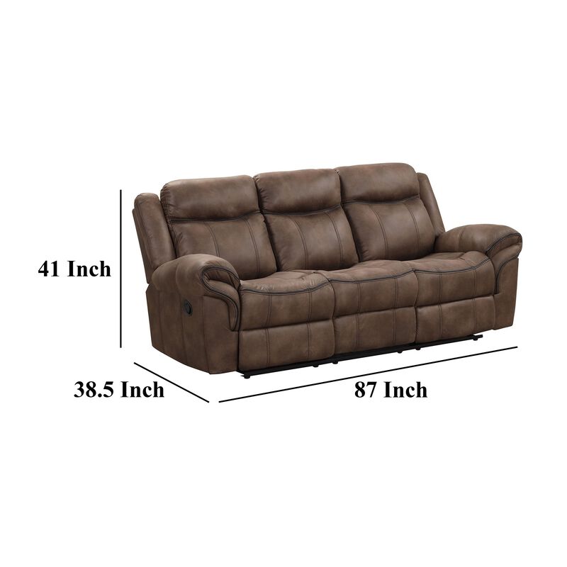 Arisa Sofa and Loveseat Manual Recliner Set, Brown Faux Leather, Drop Table - Benzara