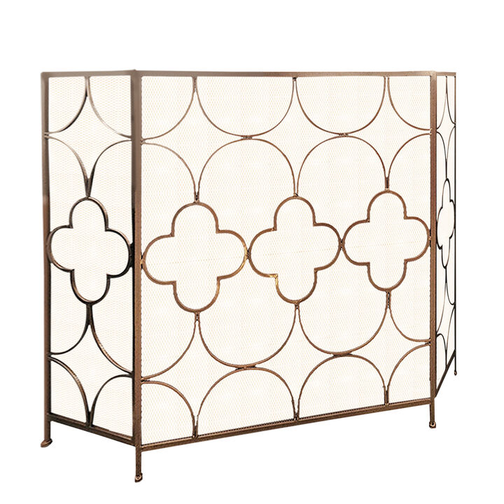 50 Inch 3 Panel Metal Fireplace Screen, Quatrefoil Design, Gold
