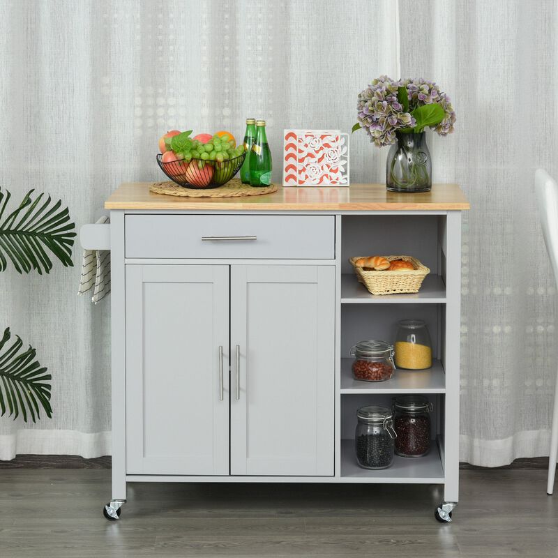 Grey Rolling Kitchen Island Cart on 360° Swivel Wheels, Wooden Kitchen Cart with Side Towel Rail and Drawer image number 2
