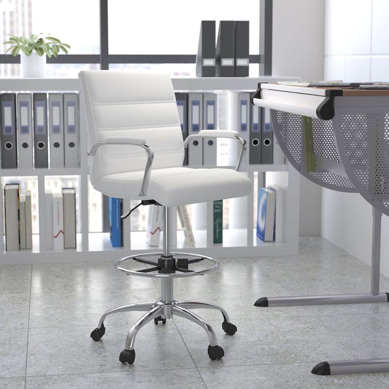 Flash Furniture Mid-Back White Drafting Chair with Adjustable Foot Ring and Chrome Base image number 9
