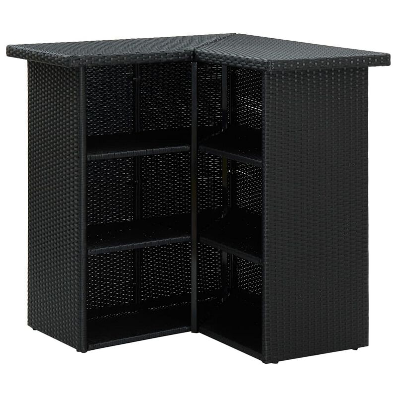 Outdoor Corner Bar Table, 3 Shelves, Black Rattan and Steel, 41 Inch - Benzara