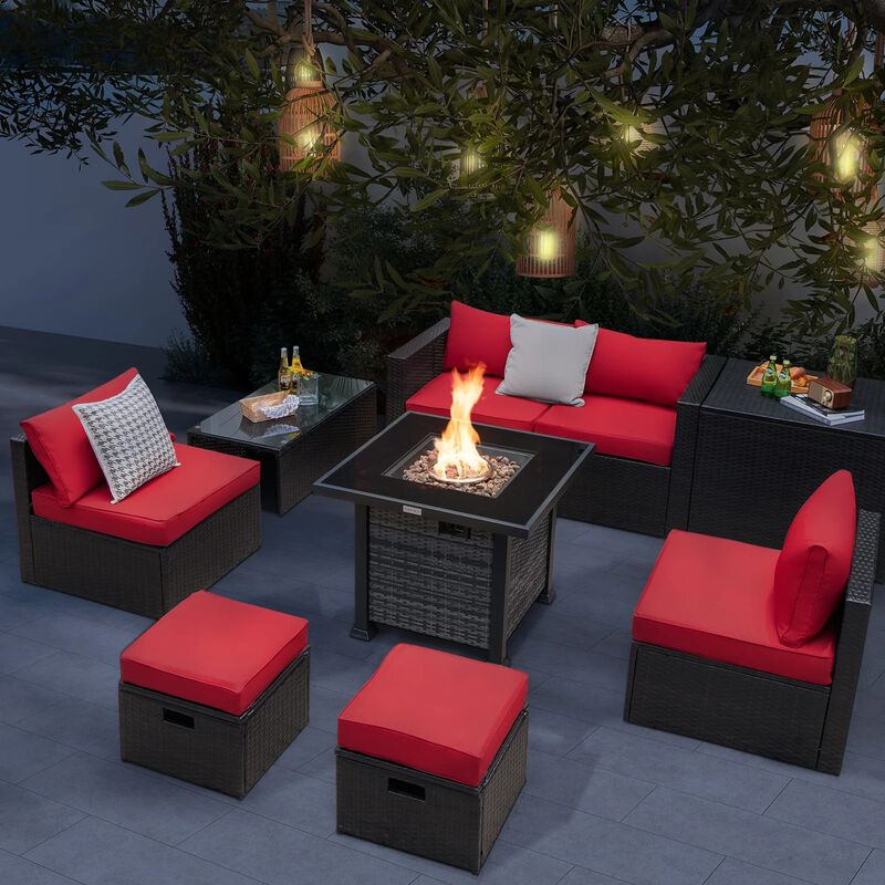 Mondawe Outdoor 9 Pieces Patio Furniture Set with 50,000 BTU Propane Fire Pit Table