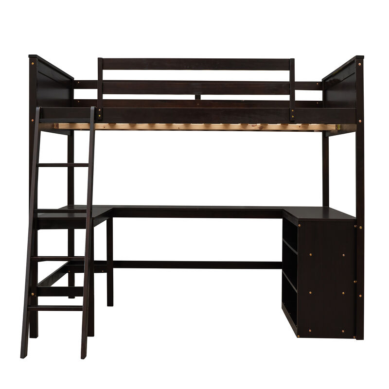 Whisen Modern Design Full Size Wooden Loft Bed with Shelves and Desk