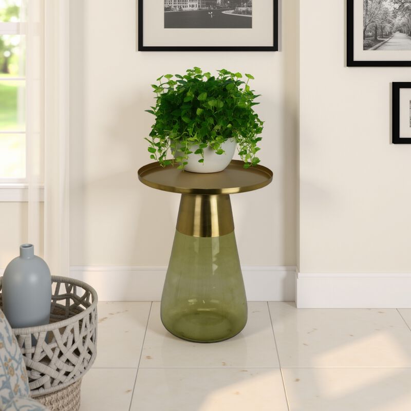 Palio Plant Stand Accent Table, Round Gold Metal, Green Glass Tapered - Benzara
