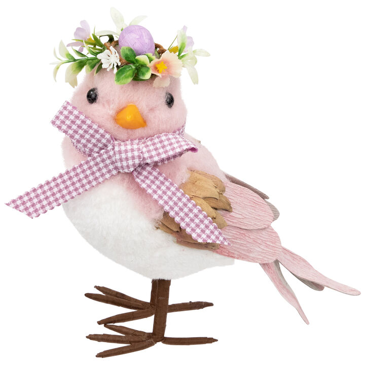 Plush Bird with Gingham Bow Easter Figurine - 7.75" - Pink