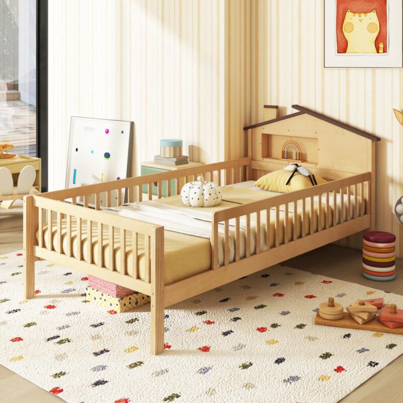 Hivvago Twin Size Kids Montessori Bed with House-Shaped Headboard and Built-in Storage Shelf