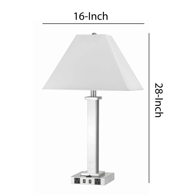 Trapezoid Shade Table Lamp with Metal Base and 2 USB Ports,White and Chrome-Benzara image number 5