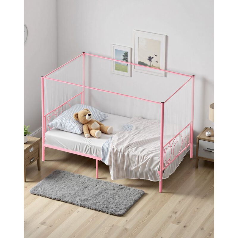Twin Size Metal Canopy Bed Frame with Headboard, Heavy Duty Steel Slats - Pink image number 3