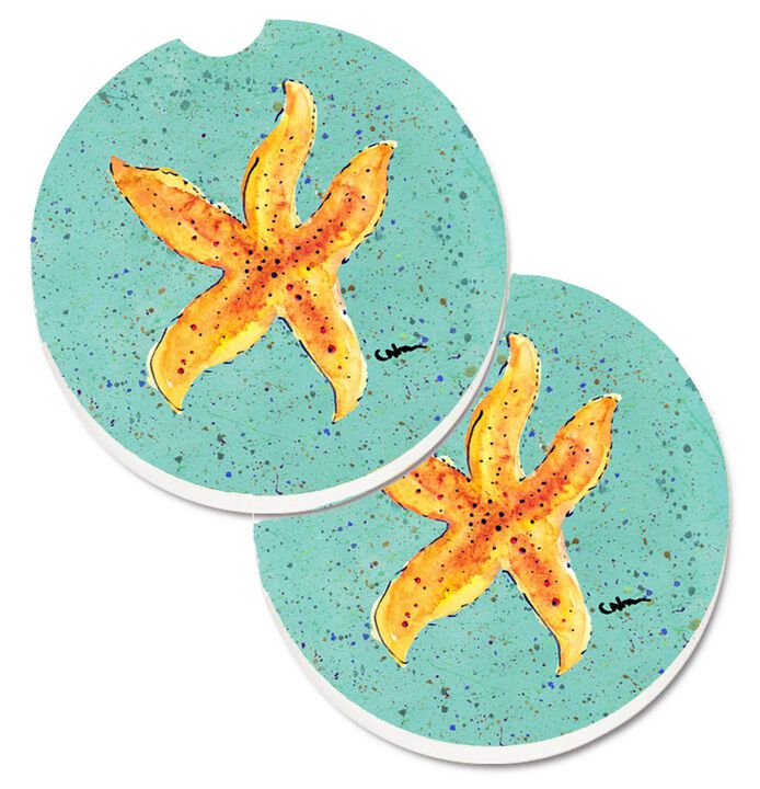 Caroline's Treasures Starfish On Teal Set of 2 Cup Holder Car Coasters 8527CARC, 2.56, Multicolor