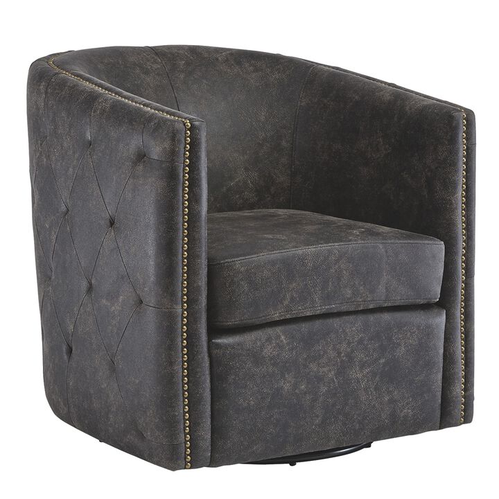 31 Inch Barrel Back Leatherette Swivel Accent Chair, Black