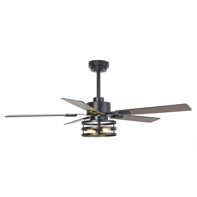 52" Industrial Black 6-Speed Metal Cage Ceiling Fan with Light