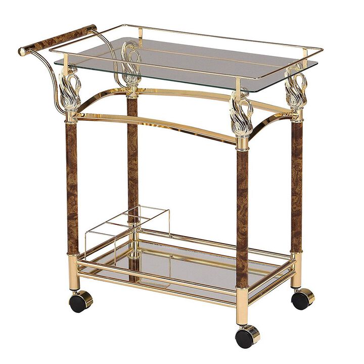 Alluring Serving Cart, Golden Plated & Clear Glass-Benzara