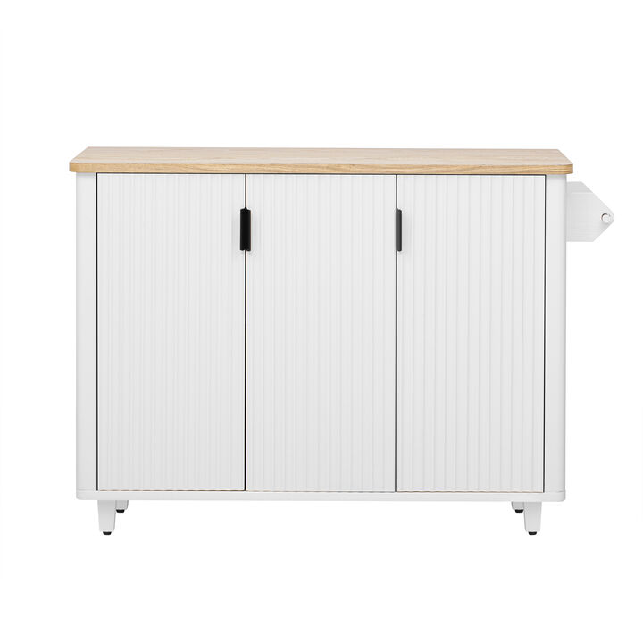 Whisen 51" Farmhouse Kitchen Island on Wheels with 3 Doors, MDF/Pine Wood for Kitchen