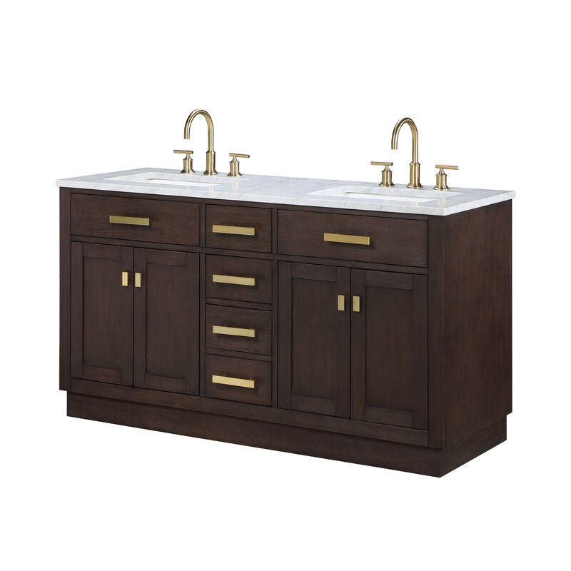 Chestnut 60 In. Double Sink Carrara White Marble Countertop Bath Vanity In Brown Oak with Satin Gold Hardware
