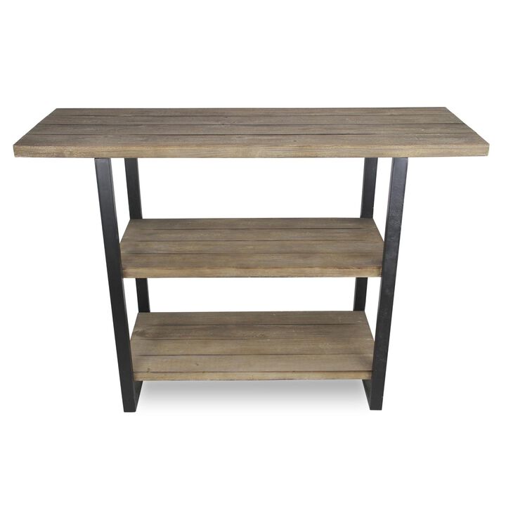 HomeRoots 47" Brown and Black Wood and Metal Distressed Console Table With Two Shelves