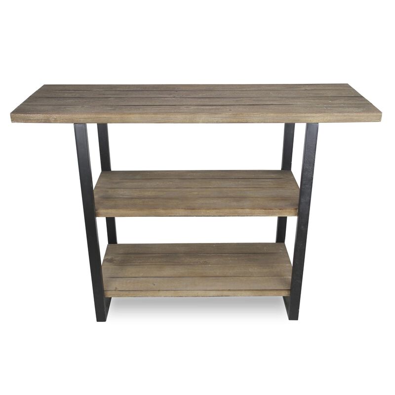HomeRoots 47" Brown and Black Wood and Metal Distressed Console Table With Two Shelves image number 0