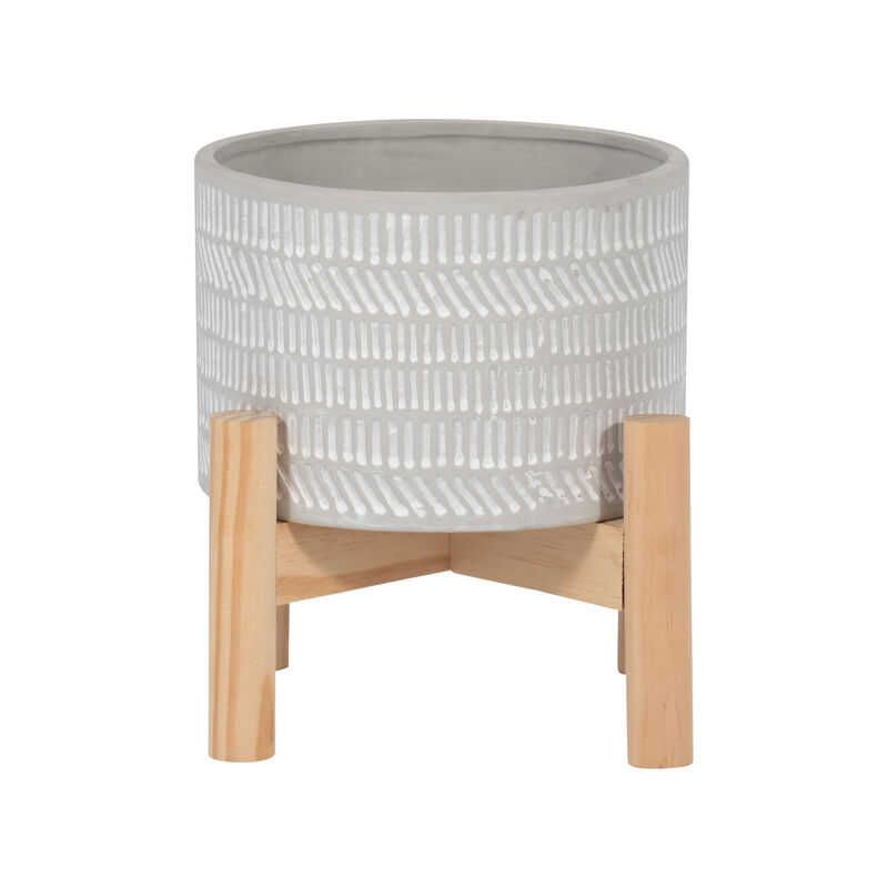 6" Ceramic Tribal Planter with Wood Stand, Beige