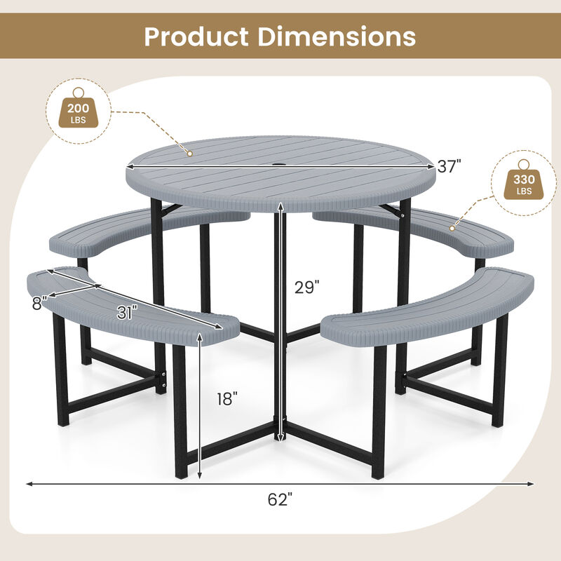 Round Picnic Table Set with 4 Benches and Umbrella Hole &ndash; Outdoor Patio Dining