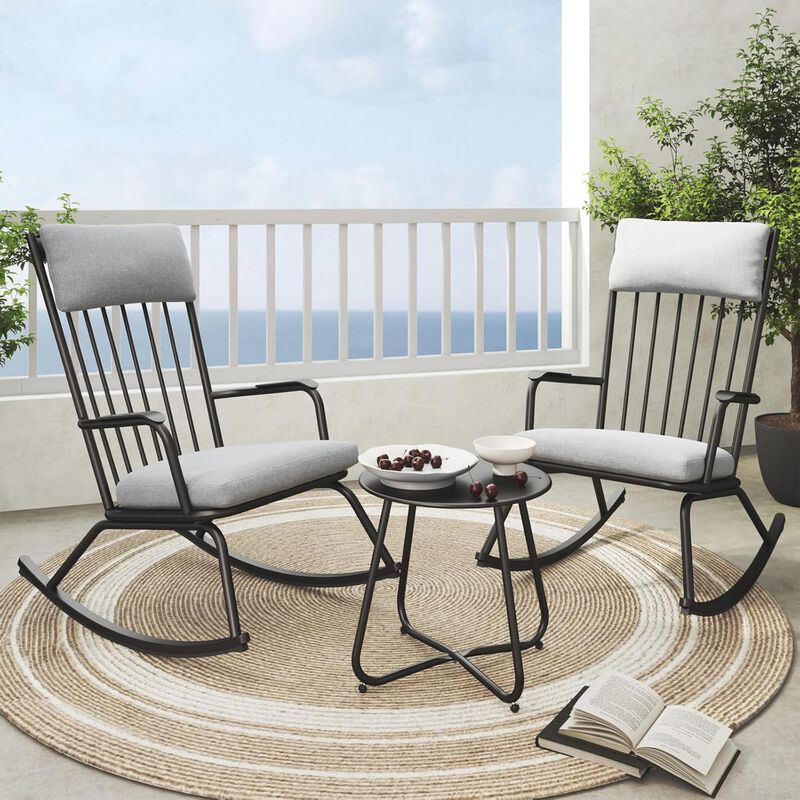 Mondawe Outdoor 3-Pcs Detachable Rocking Chair Set W/ Thick Cushions Seat & X-Shaped Base Side Table