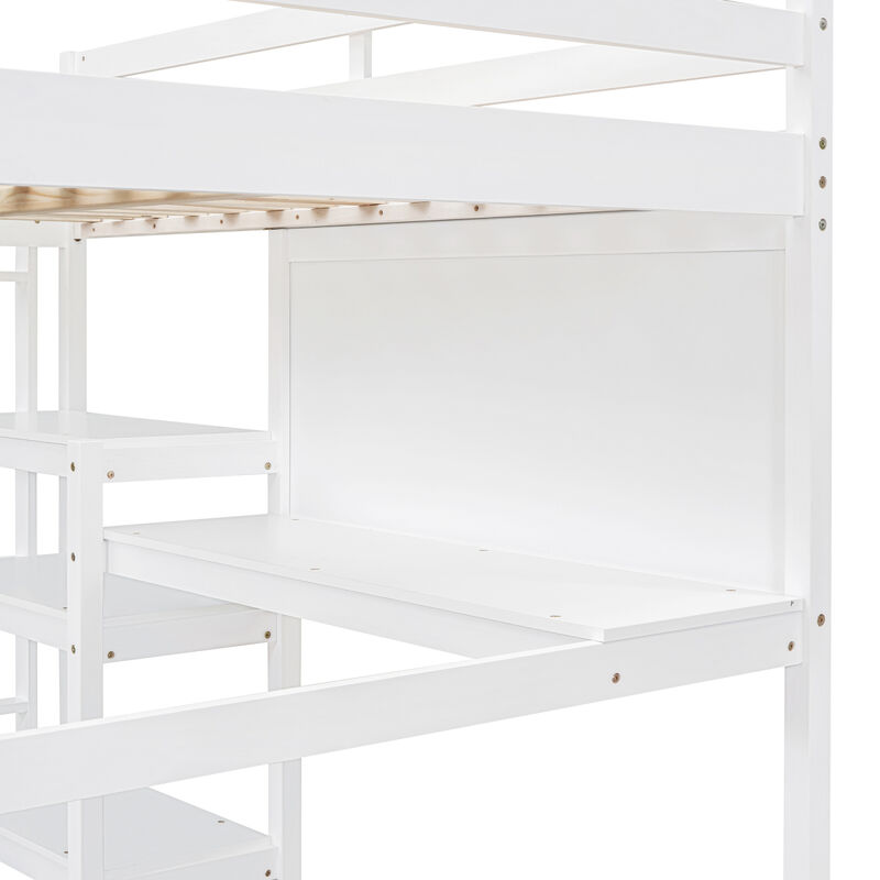 Full Size Wooden Loft Bed with Shelves, Desk and Writing Board - White