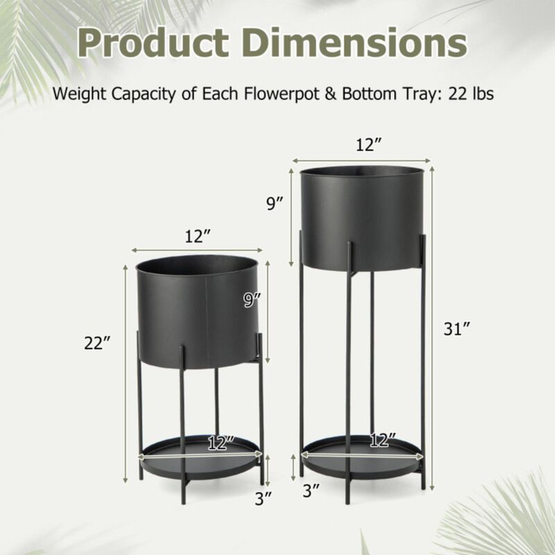 Hivvago 2 Metal Planter Pot Stands with Drainage Holes-Black