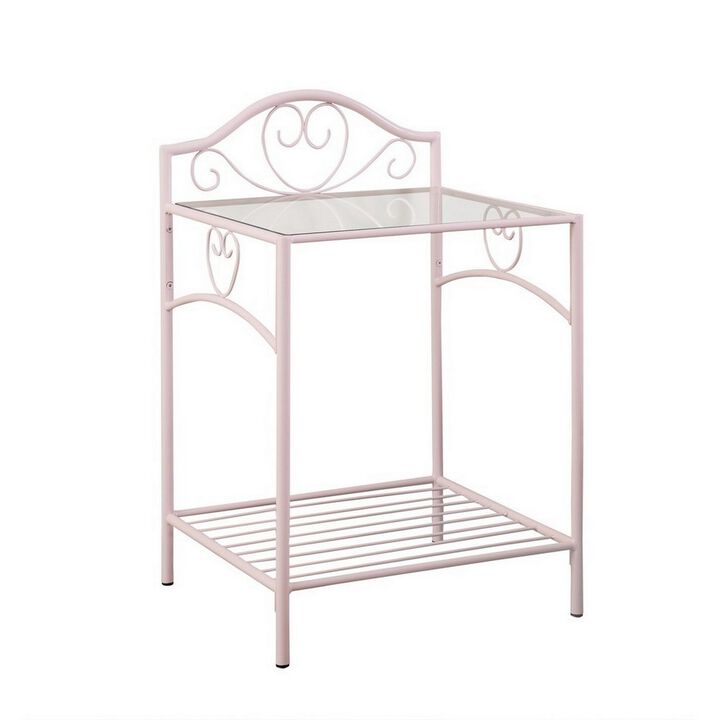 Metal Nightstand with Glass Top and Open Bottom Shelf, Pink and Clear-Benzara