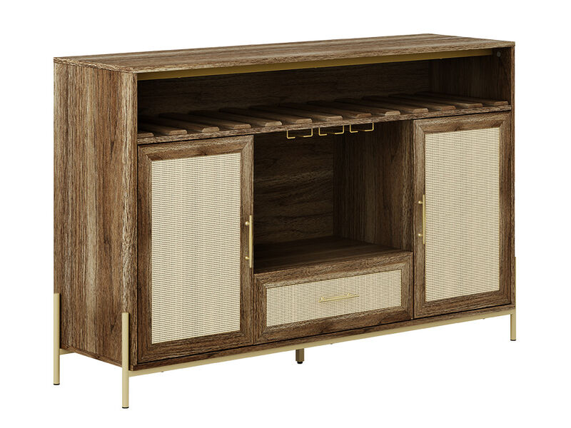 BELLEZE Free-Standing Wine Cabinet, 55" Rattan Wine Bar Cabinet with Wine Rack and Glass Holder, Coffee Bar Cabinet for Dining Room, Living Room and Kitchen - Marcel (Camel)