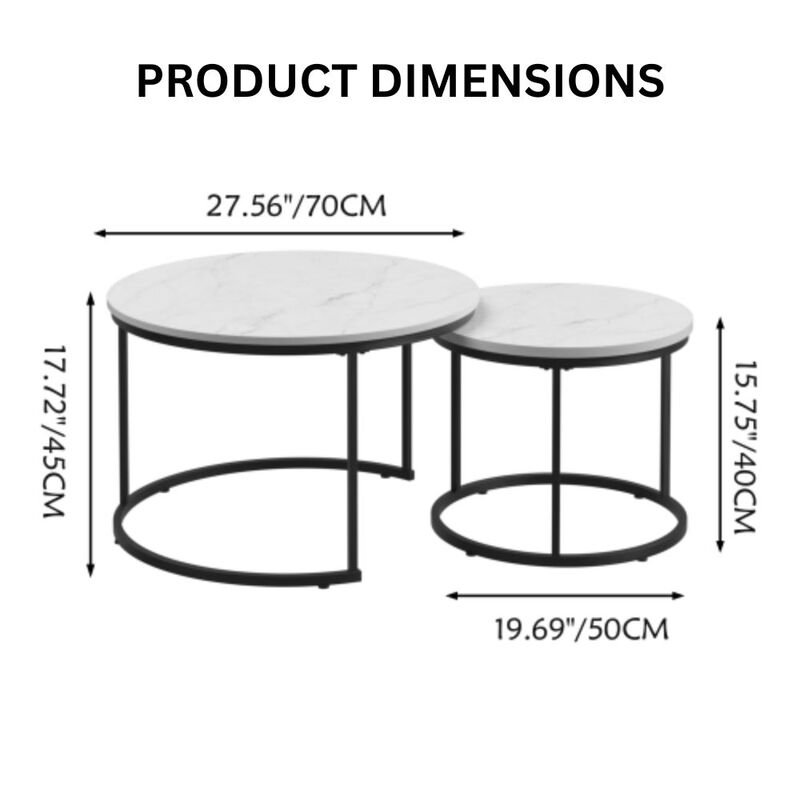 GOODSILO Round Nesting Coffee Table Set of 2, Space-Saving Stackable Side Tables with Marble Pattern Top and Sturdy Metal Frame for Living Room Bedroom Balcony image number 1