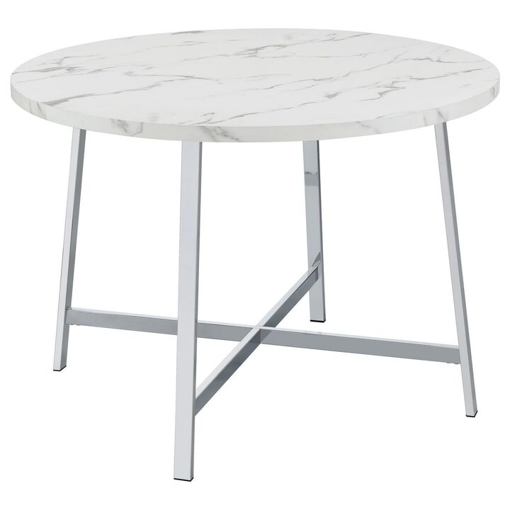 45 Inch Dining Table, Faux Carrara Round Marble Top, Chrome Metal Legs - Benzara