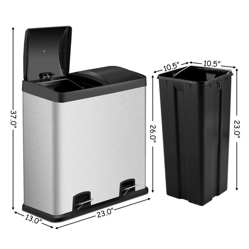 Large 16 Gallon Dual Compartment Kitchen Trash Can with Foot Pedal Open