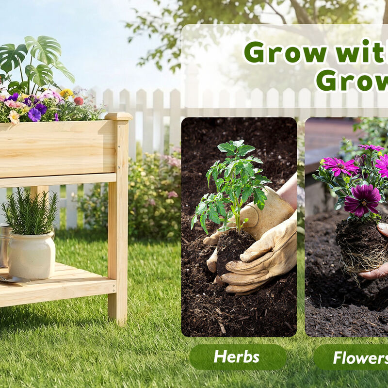 WOW PIONEER Elevated Solid Wood Raised Garden Bed with Water Collection Tray, Storage Shelf, Protective Liner image number 1