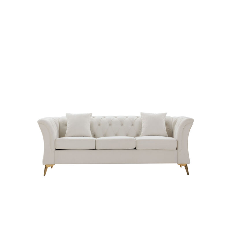 Modern Chesterfield Curved Sofa Tufted Velvet Couch 3 Seat Button Tufted Loveseat with Scroll Arms and Gold Metal Legs for Living Room Bedroom Beige