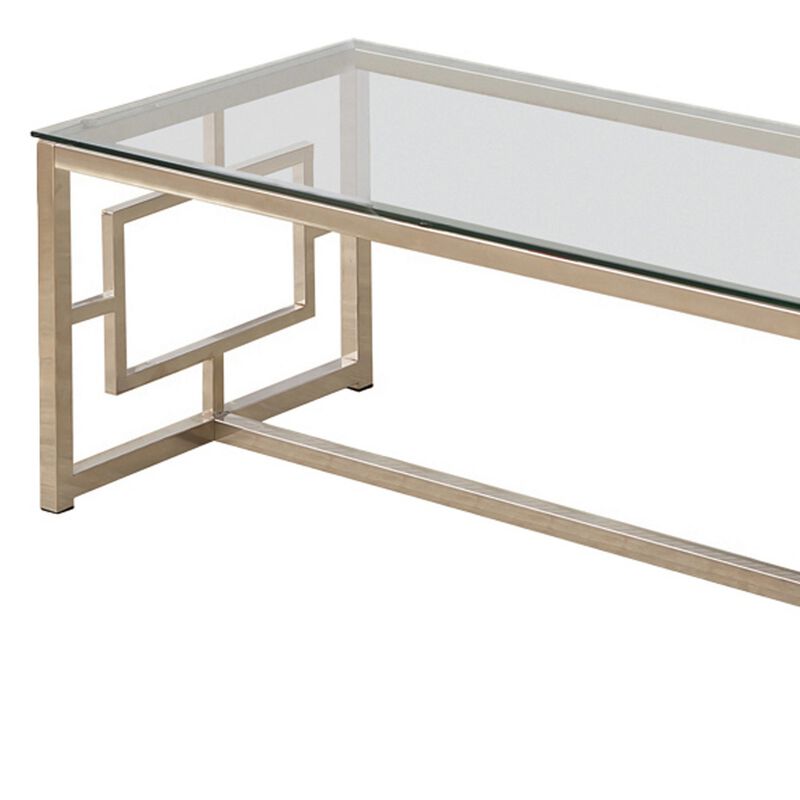 Tempered Glass Top Coffee Table with Lattice Cut Outs, Silver and Clear-Benzara