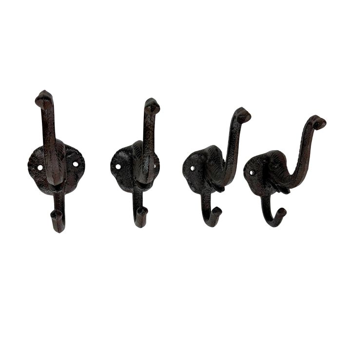 Set Of 4 Elephant Wall Hooks Rustic Cast Iron Brown 5 In Decorative