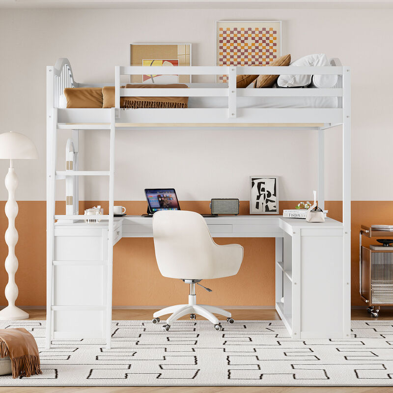Merax Loft Bed with U-shaped Desk and Tri-fold Mirror