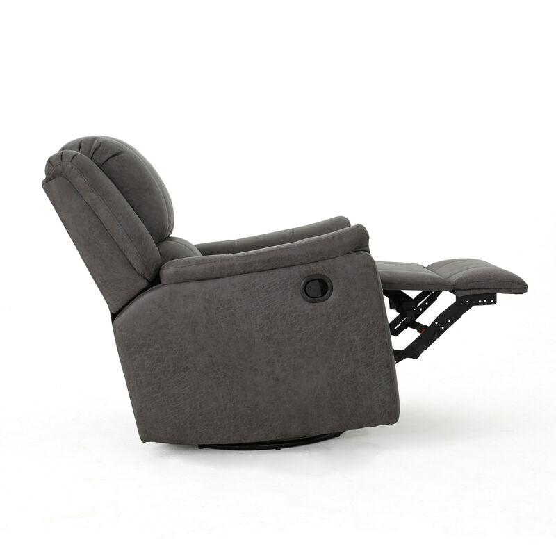 Swivel Manual Reclining Chair, Pillow Cushions, Smooth Gray Fabric - Benzara