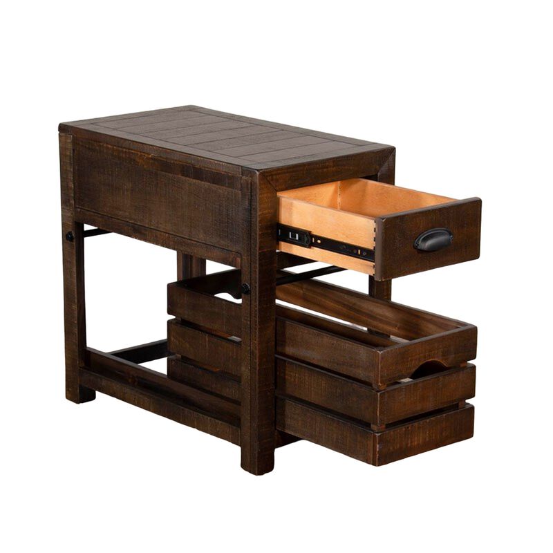 Flint Accent Chairside Table, 1 Drawer, Crate, 26 Inch Dark Brown Wood