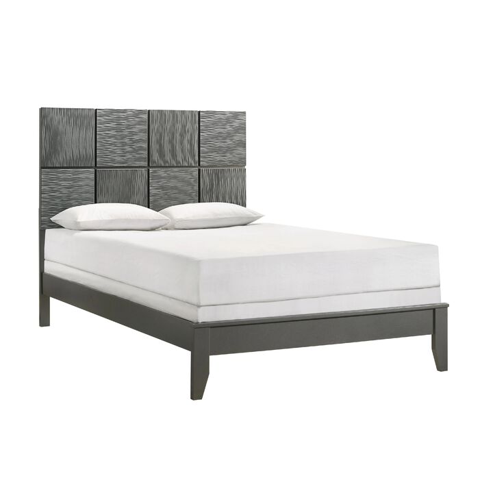 Deny Queen Size Bed w Pattern Headboard, Tapered Front Legs, Metallic Gray