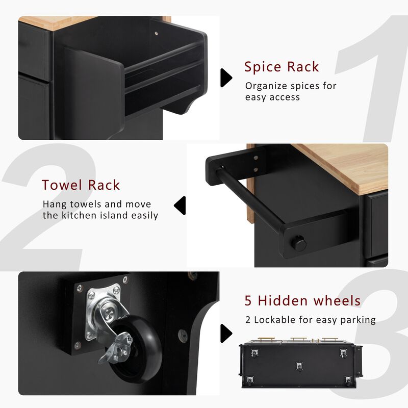 Merax Rolling Kitchen Island with Drop Leaf & Power Outlet - 2 Pull-Out Organizers, Trash Storage, Spice Rack & Towel Holder