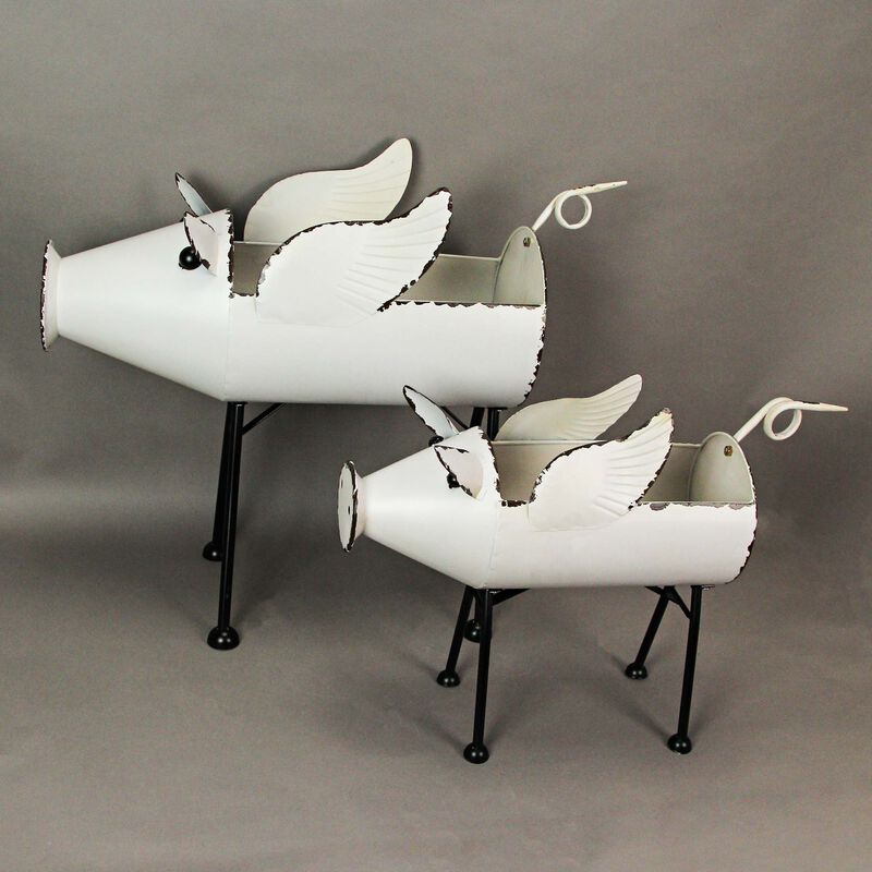 Rustic White Painted Galvanized Metal Flying Pig Standing Planters Set of 2 image number 1