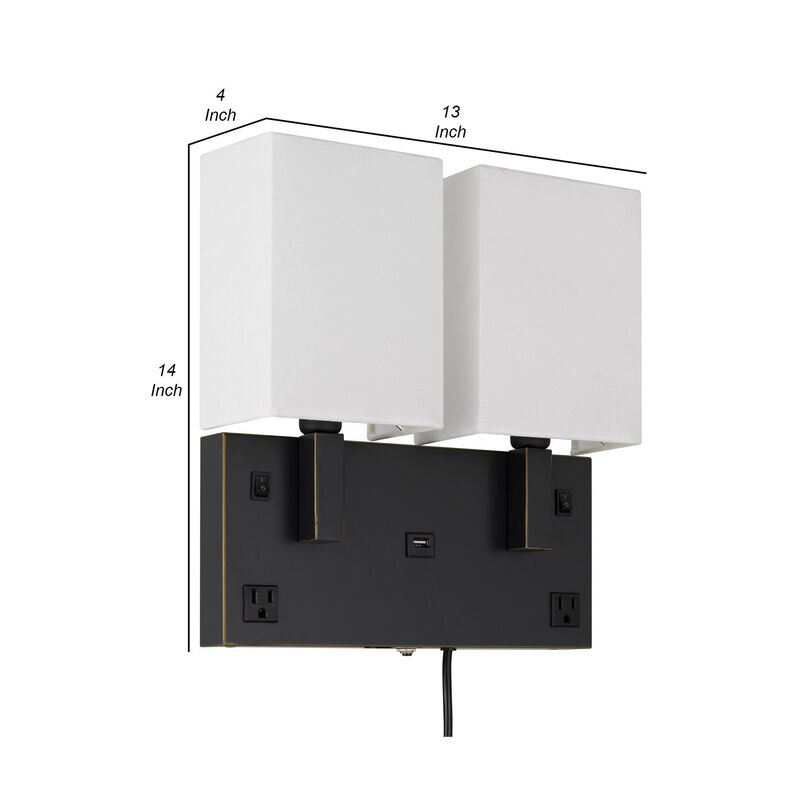 Olive Modern Metal Wall Lamp, 2 Shades, USB, 2 Power Outlets, White, Black-Benzara image number 5