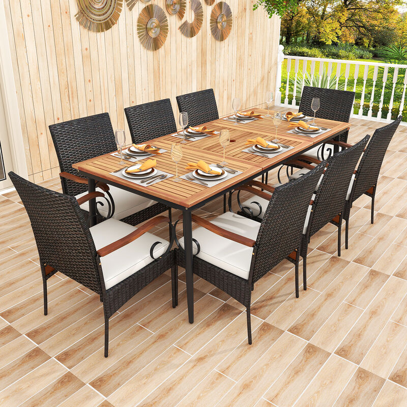 Outdoor Dining Table and 8 Rattan-woven Dining Chairs with Acacia Wood Tabletop