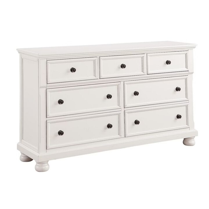 Transitional Style Seven Drawer Wooden Dresser with Round Bun Legs, White - Benzara